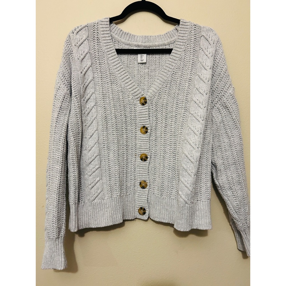 Cupcakes Cashmere Cable Knit Cardigan Women Large Gray  V-Neck Button Front